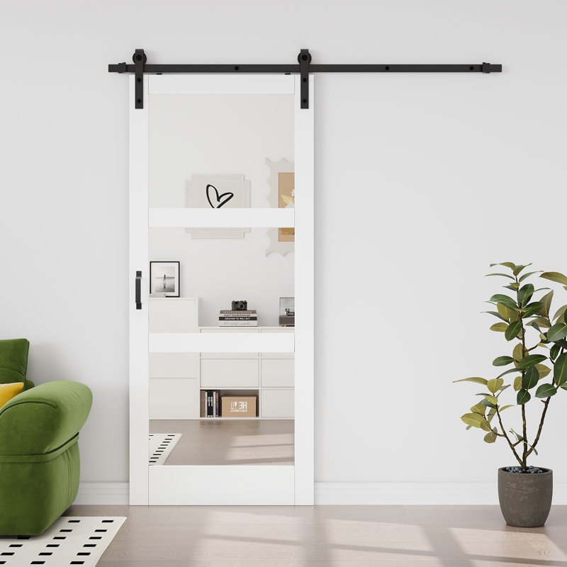 Porte de grange coulissante à double face en miroir 84 po H, 36 po x 84 po, Miroir 3 pièces, Avec fermeture en douceur