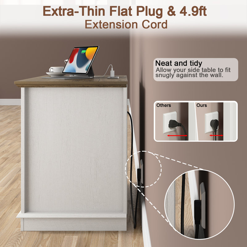 Beattie 3-Drawer End Tables with Storage and Built-in Outlets,Side Table, White/Walnut
