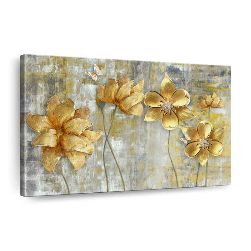 Grandes fleurs dorées sur toile, H 24 po x l 36 po x P 1,25 po