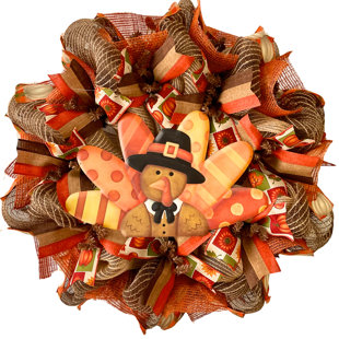 Thanksgiving Turkey with Pilgrim Hat Harvest Wreath Handmade Deco Mesh