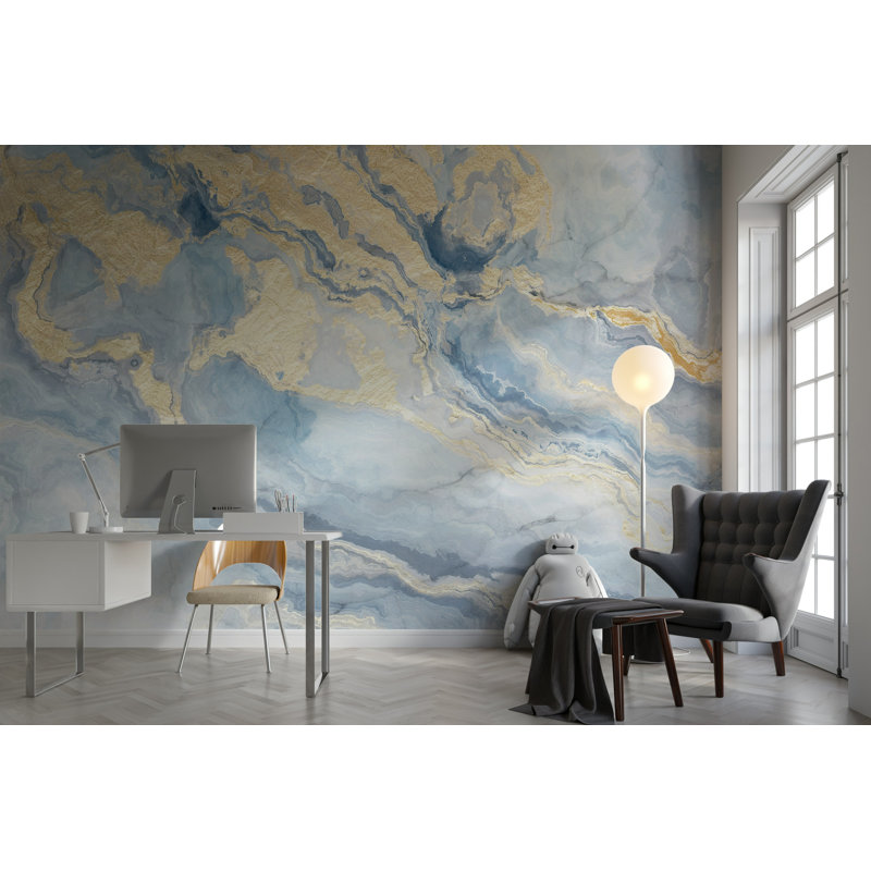 Blue Gold Marble Effect Wallpaper Modern Abstract, 106" L  x 187" W
