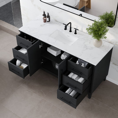 Volk 60 In. Blackwood Single Sink Bath Vanity With Arabescato Engineered Stone Top And Undermount Porcelain Sink