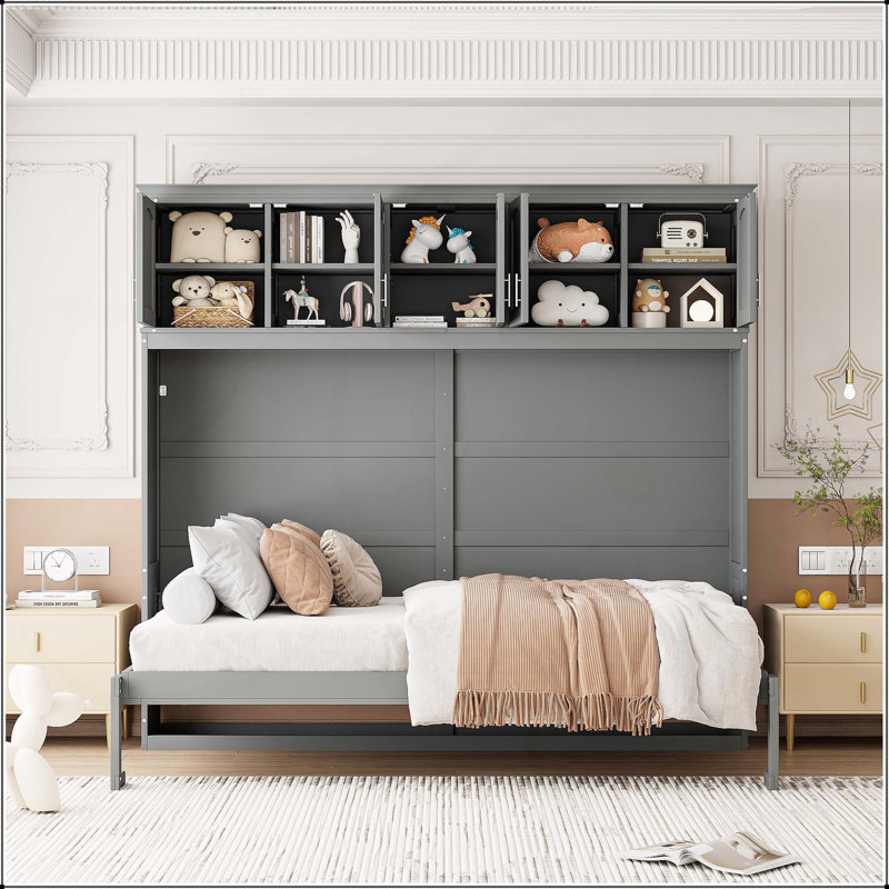 Grand lit escamotable mural avec armoires supérieures, gris