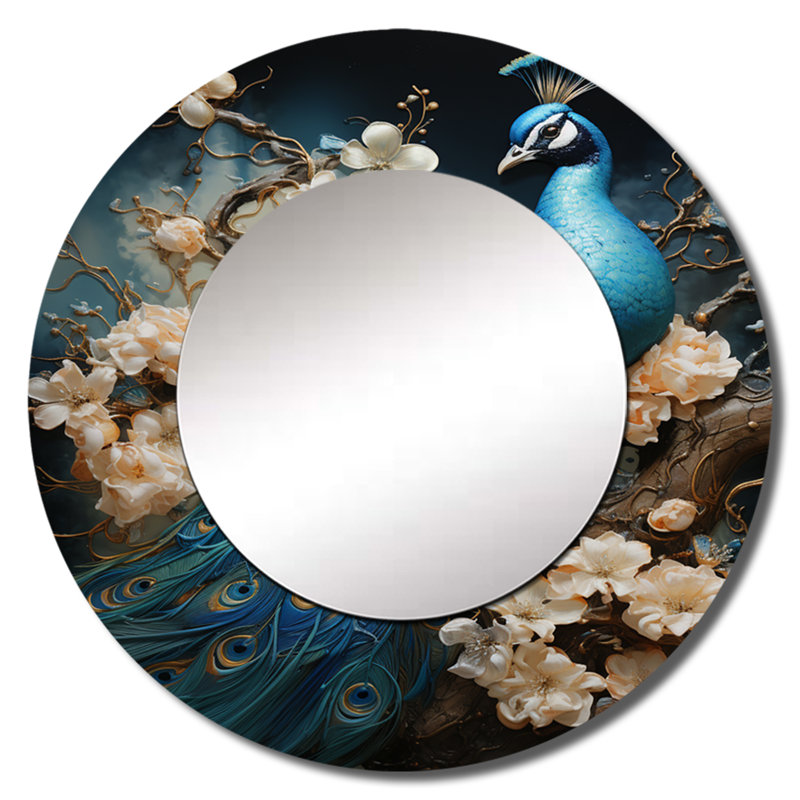Peacock Encaustic Portrait I - miroir mural paon, miroir décoratif rond bleu, impression d'art en métal, 36 po x 36 po