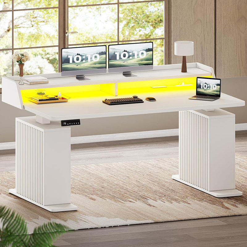 Bureau debout avec rangement pour ordinateur 55 "avec prises de courant et lumières DEL, Blanc