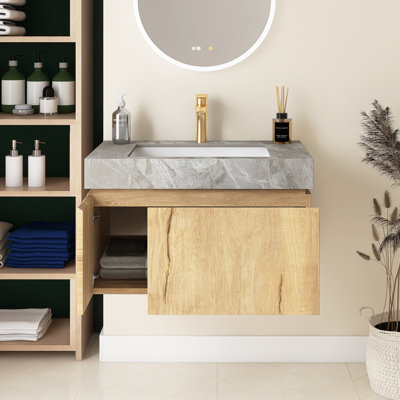 Meuble-lavabo mural de 30 po avec lavabo, armoire de rangement flottante murale en contreplaqué avec tiroir et porte