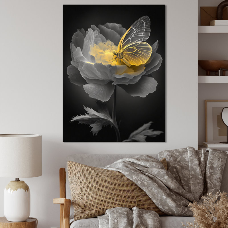 Fleur grise, papillons en fleurs - impressions sur toile florales, L 12 po x H 20 po, Toile tendue