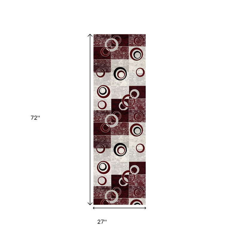 6' Red And Gray Geometric Runner Rug