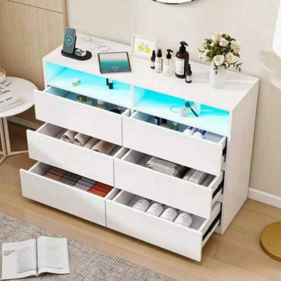 6 Drawer Dresser With LED Lights & Charging Station, Wood Dresser With Open Shelf For Living Room, Dressing Room & Bedroom