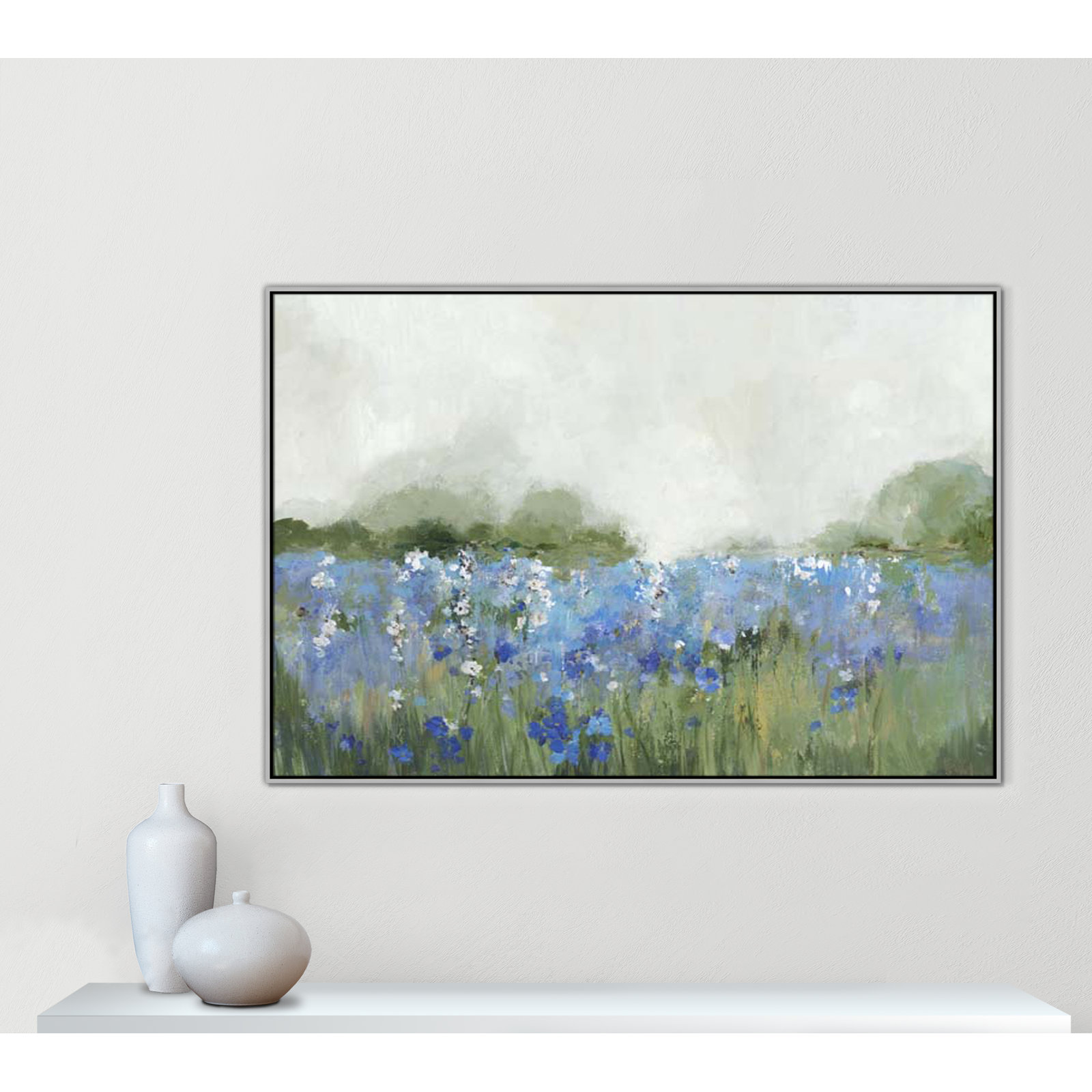 Meadows Bluebells Field by Allison Pearce, 41.5" H x 61.5" W x 2" D, Silver Framed