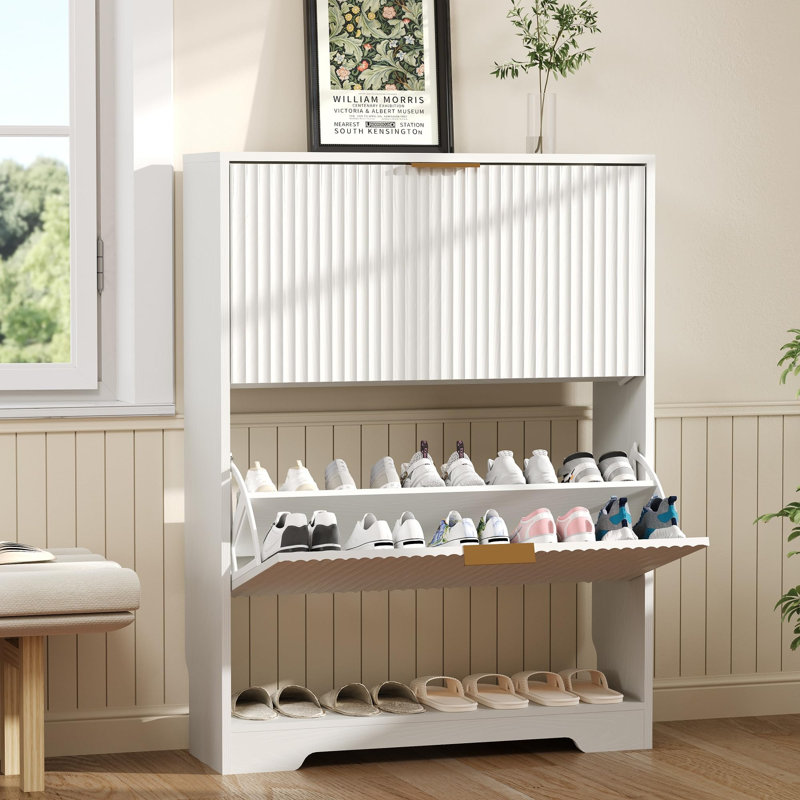 Armoire de rangement pour chaussures blanche avec 2 tiroirs rabattables, organisateur d'entrée cannelé mince avec tablette ouverte, l 29,9 po