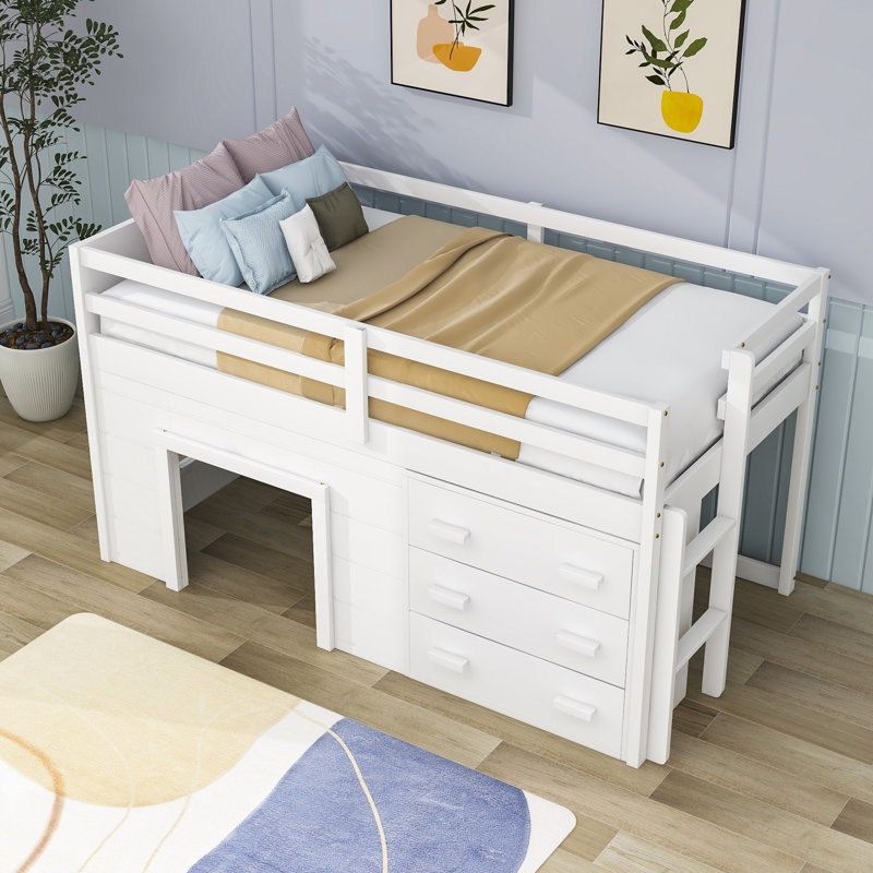 Gigel Kids Twin Loft Bed with Drawers, White