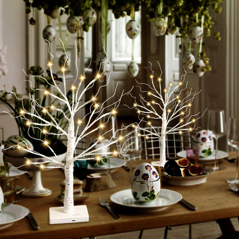 2-Pack White Birch Tree with LED Lights – 24 LED Warm White Easter Tabletop Tree
