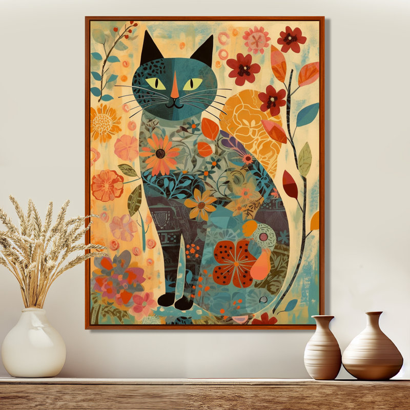 Boho Cat Flower Collage - Art mural chat, Toile avec cadre brun, H 40 po x l 30 po x P 1,5 po