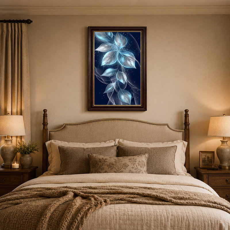 Art sur toile, feuilles bleues translucides avec veines argentées et étoiles, H 18 po x l 12 po