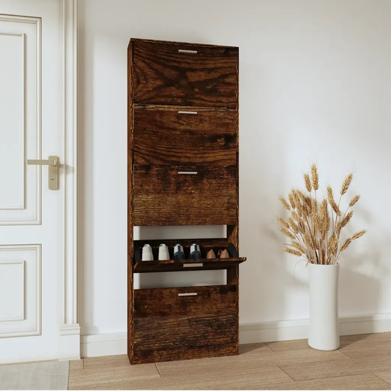 15 Pair Shoe Flip Down Shoe Storage, Smoked Oak