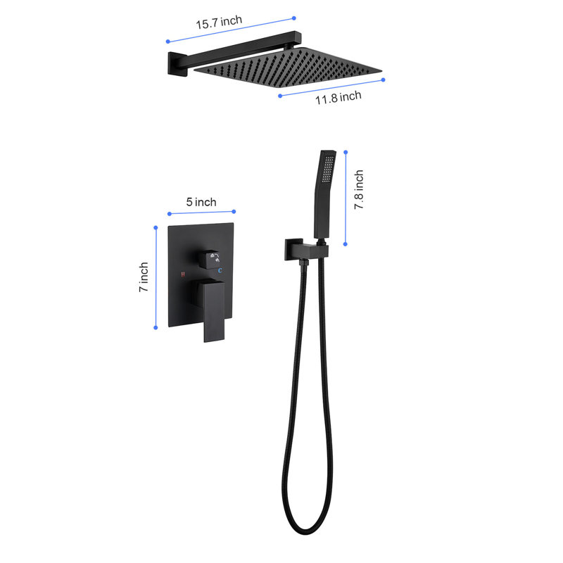 Douche murale avec pomme de pluie 12 po, noir mat, laiton et acier inoxydable, salle de bain Regain Your Energy and Vitality