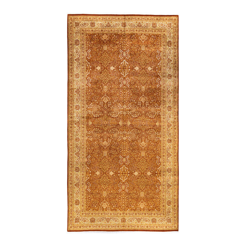 Tapis orange / beige noué à la main de conception unique 8 pi 1 po x 15 pi 7 po Mogul