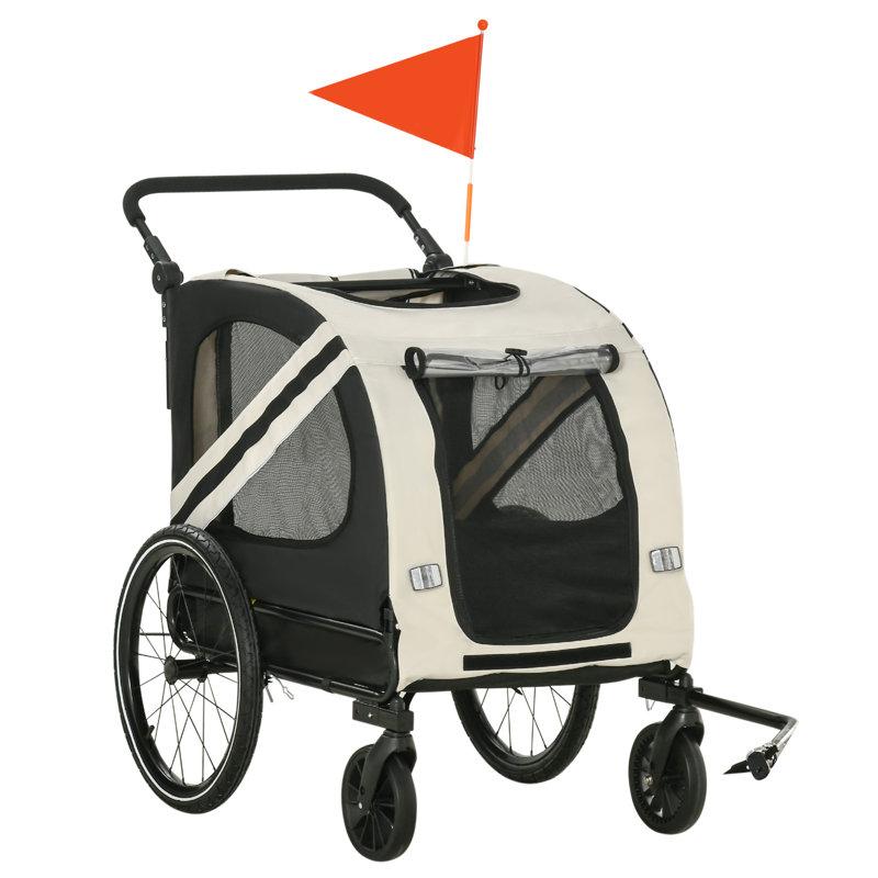 White Foldable Pet Bike Trailer and Stroller with Detachable Carrier