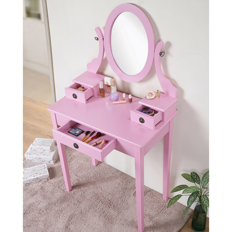 Wood Moniya Makeup Vanity Table And Stool Set, Pink