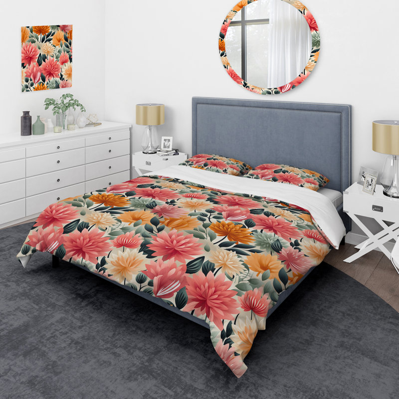 Ensemble de housse de couette multicolore à motif floral contemporain I, Housse de couette pour très grand lit et 2 très