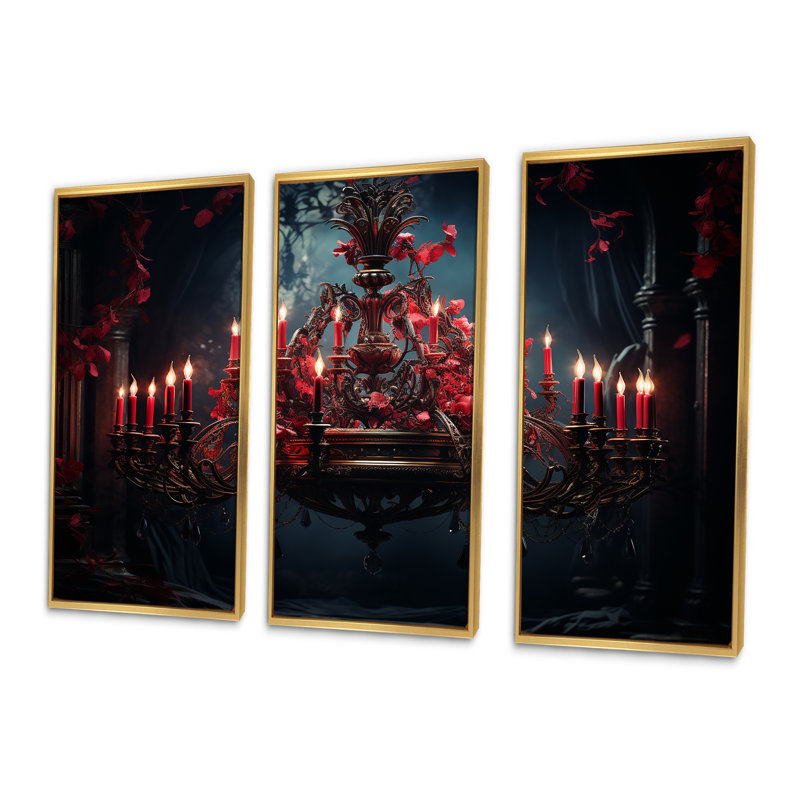 Lustre rouge gothique Grace - art mural lustre, Cadre flottant doré, H 32 po x l 48 po x P 1 po