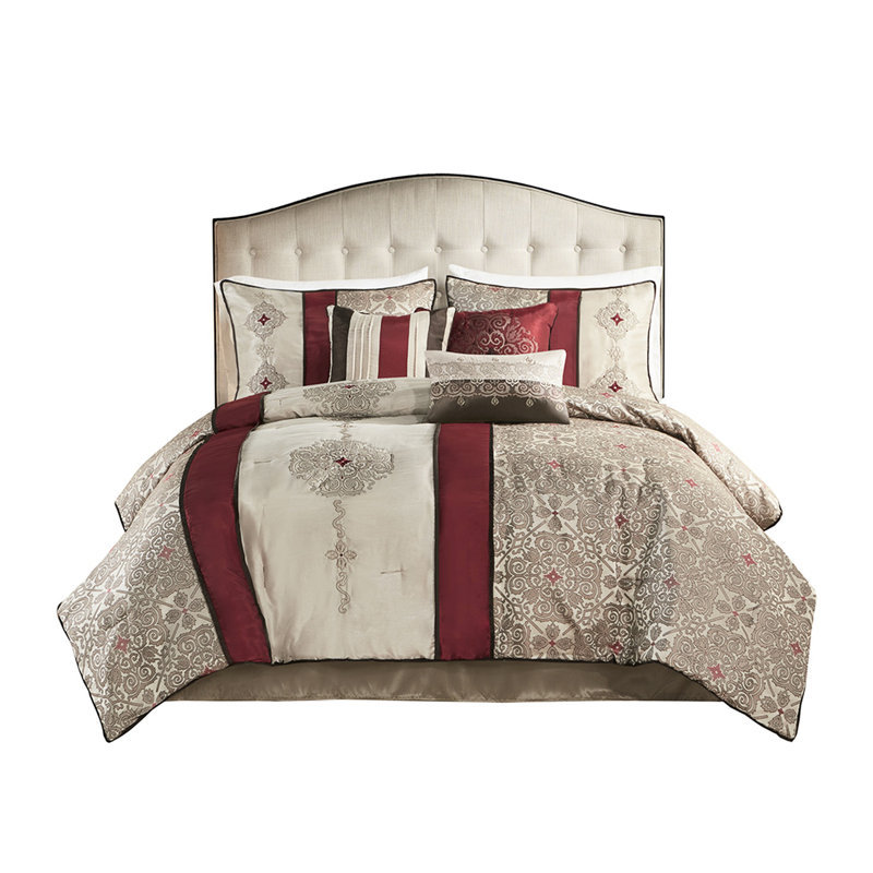 Chambre à coucher - Très grand lit rouge 7 pièces avec broderie et taies d'oreiller, Red