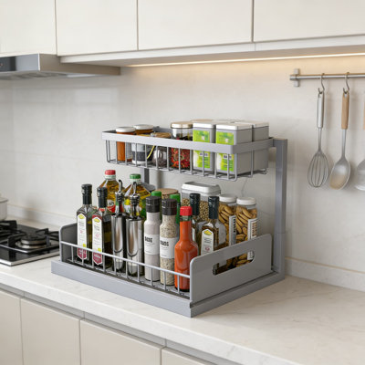 Under Sink Organizer Pull Out Cabinet, 2 Tier Sliding Drawer Shelf With L-Shape Design For Kitchen And Bathroom Storage, Easy Installation No Tools Required
