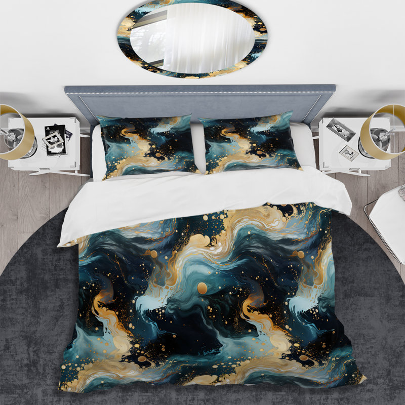 Ensemble de housse de couette or et bleu sarcelle Galactic Marble Dream, Housse de couette pour grand lit et 2 taies décor