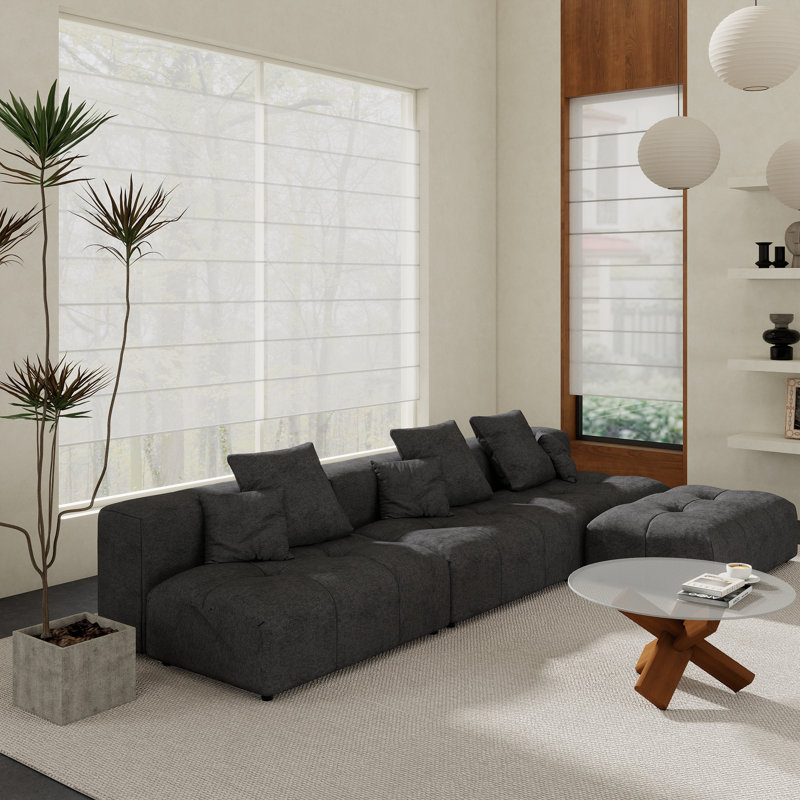 Kay Crumley 4-Piece Upholstered Modern Linen Fabric Sectional Sofa With Ottoman, Black, 24.8" H x 118.11" W x 68.05" D