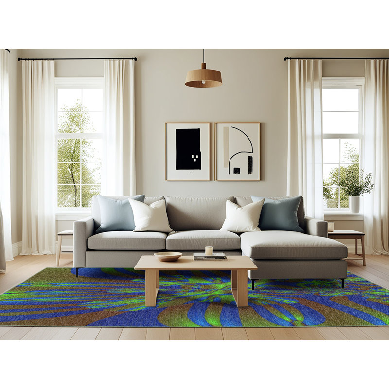 Tapis jaune/bleu tissé à la machine, Rectangle 6 pi x 9 pi