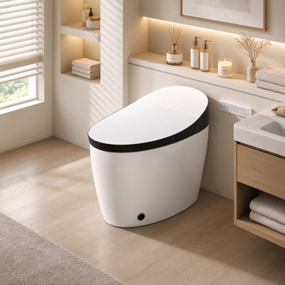 Toilettes intelligentes Yingze avec bidet intégré, conformes aux normes ADA, ouverture et fermeture automatiques, siège chauffant, chasse d'eau au pied, eau chaude instantanée, séchoir à air chaud, veilleuse, entraxe de 30,5 cm (12 pouces), blanc et noir.