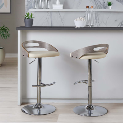 Adjustable Swivel Barstool With Round T Footrest, Cream Faux Leather Seat, Chrome Base, And Light Grey Wood Accents For Versatile Kitchen Or Bar Use.