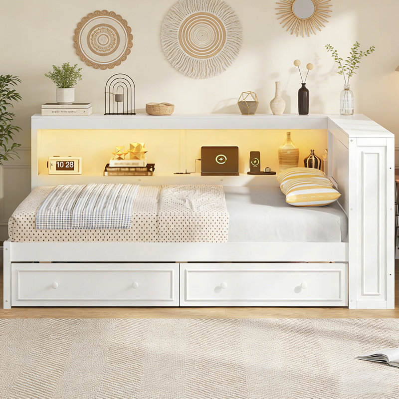 Wood Daybed with Storage Shelves, USB, LED, and 2 Drawers for Modern and Functional Living, White