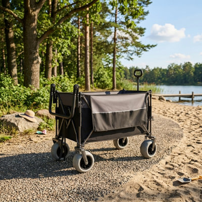Heavy Duty Folding Wagon Cart with 9"x4" Oversized Balloon Wheels, All-Terrain Collapsible Utility Cart with Adjustable Push & Pull Handles and Brakes, No Assembly Camp Wagon for Beach Sand Garden Large Capacity for Transport, Groceries, and Outdoor Use