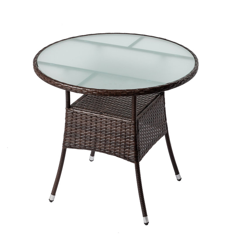 31.5" Brown Outdoor Wicker Round Dining Table – 4-person Capacity, All-weather Resistant With Glass Top For Backyard/deck/poolside