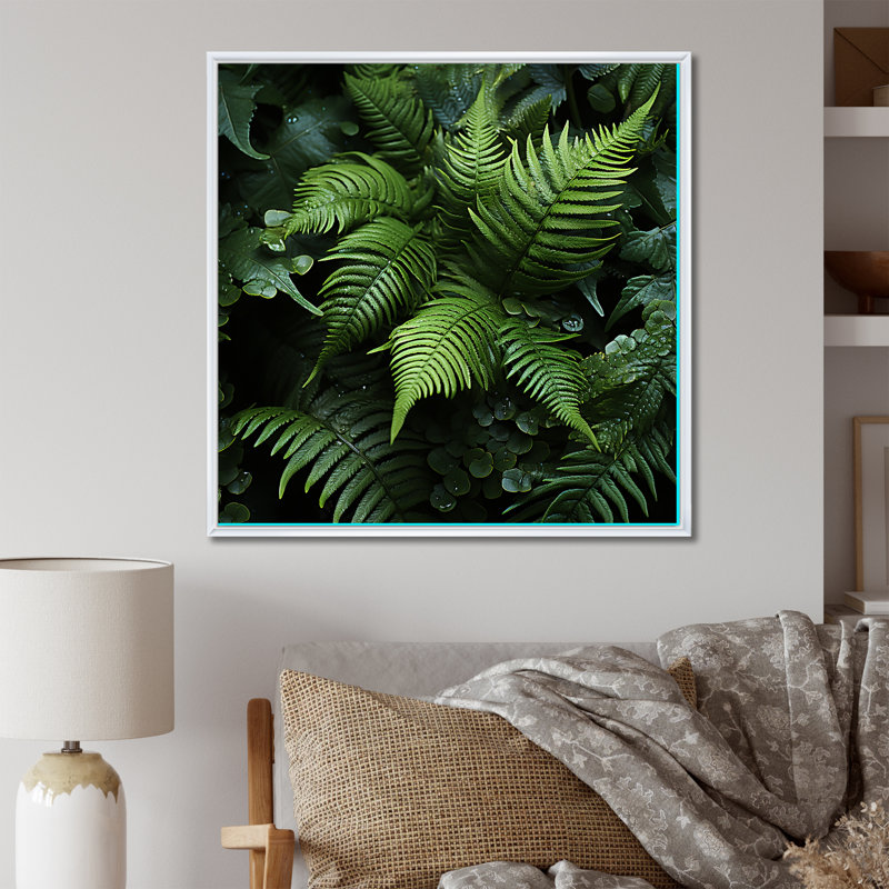 Emerald Green Ferns Forest, reproduction d'art sur toile, Cadre flottant blanc, 16" H x 16" W
