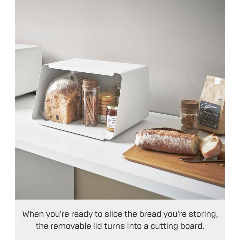 White Steel Bread Box with Bamboo Cutting Board Lid