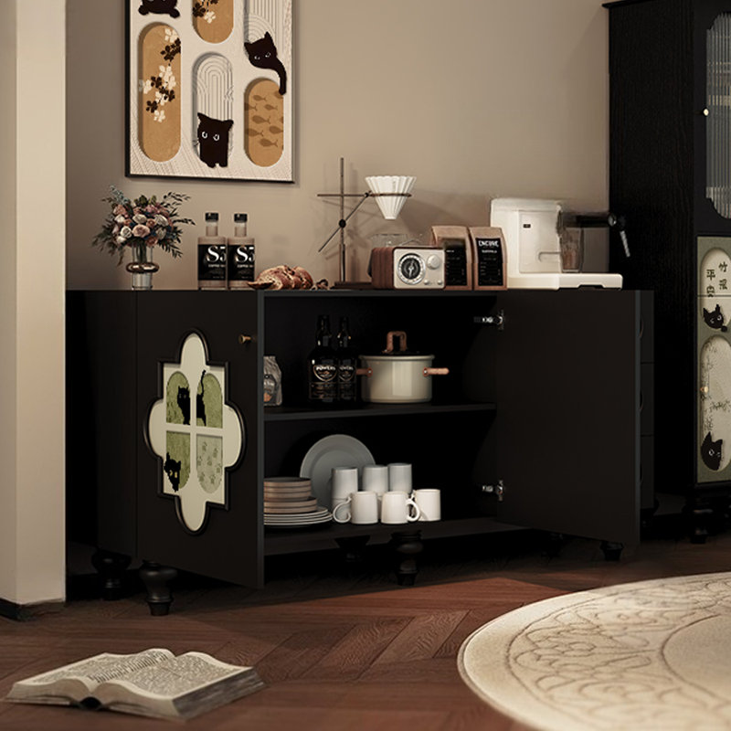 Retro Sideboard with Dual  Doors and Three Drawers, Black + Green