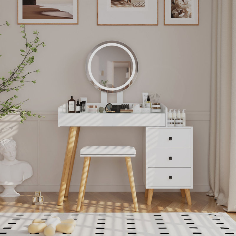 Dressing Table With LED Lights Glass Top Dressing Table With Extendable Side Table 5 Drawers Dressing Table With Mirror And Stool For Bedroom