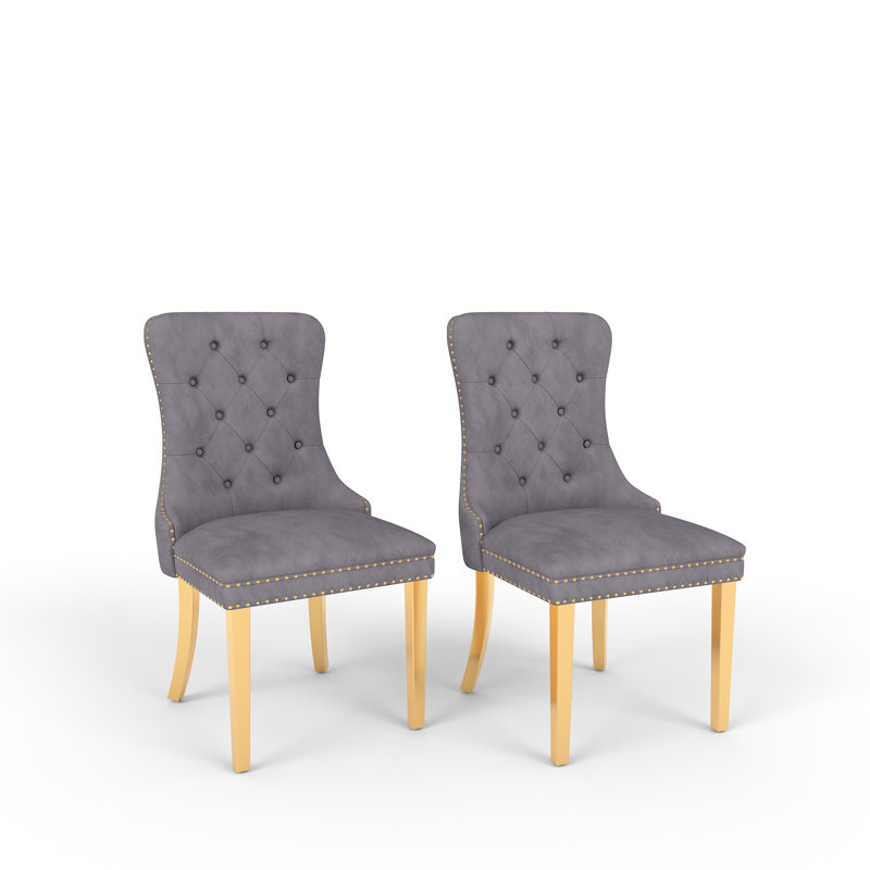 Tufted Velvet Upholstered Wingback  Dining Chair, Gray, Gold