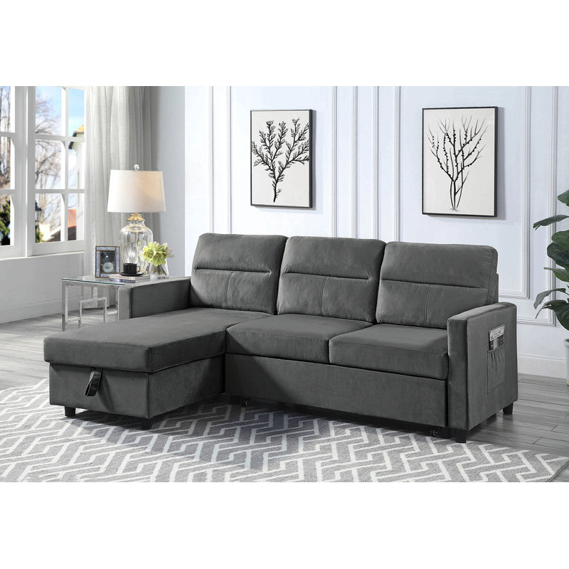 Canapé-lit modulaire réversible en velours de 81,5 po avec méridienne de rangement et poche latérale, Gris foncé