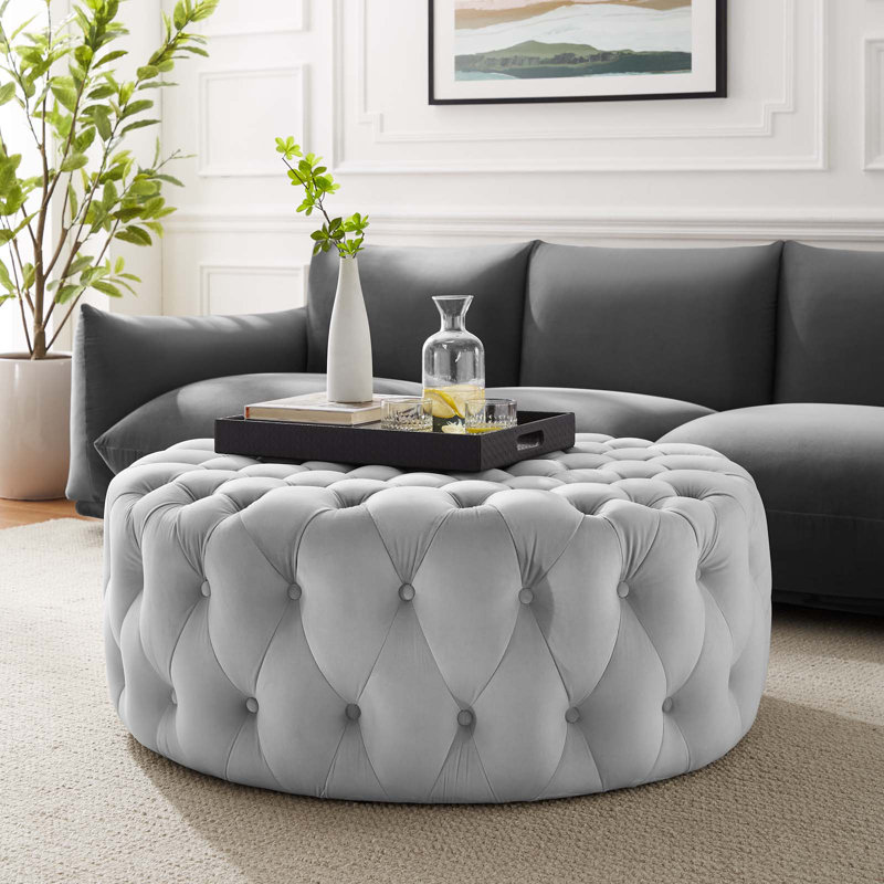 Luxurious Amour 40'' Light Gray Tufted Velvet Round Ottoman