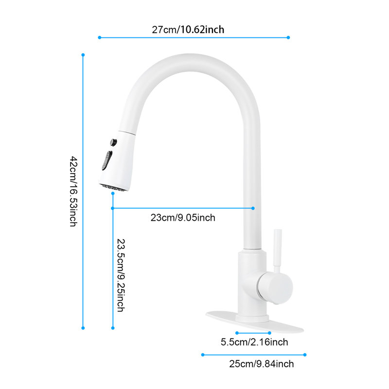 Modern Kitchen Faucet In White Stainless Steel, Pull Out Spray Feature For Efficiency, 360 Rotating Nozzle, Two Water Output Options, Simple And Effortless Single Control Feature,