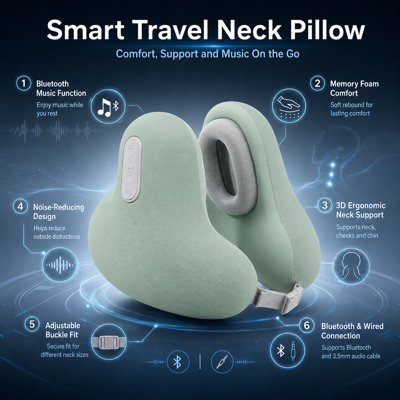 Green Bluetooth Music U Shaped Neck Pillow w/ Speakers Memory Foam Airplane Support