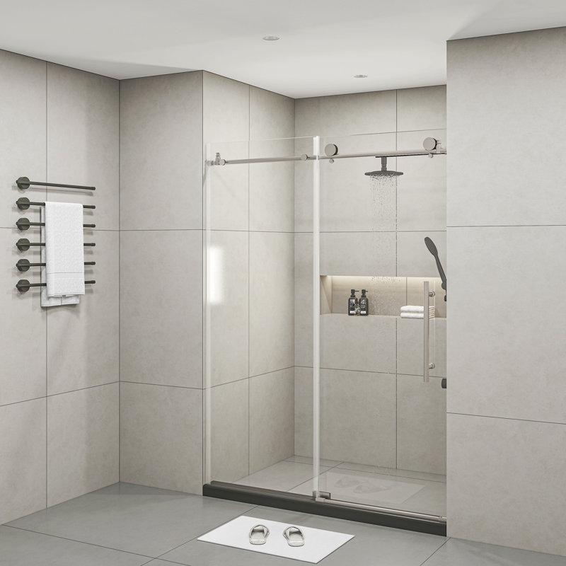 Portes de douche coulissantes en verre sans cadre de 60 po de largeur x 76 po de hauteur avec verre trempé transparent de 3/8 po (10 mm)
