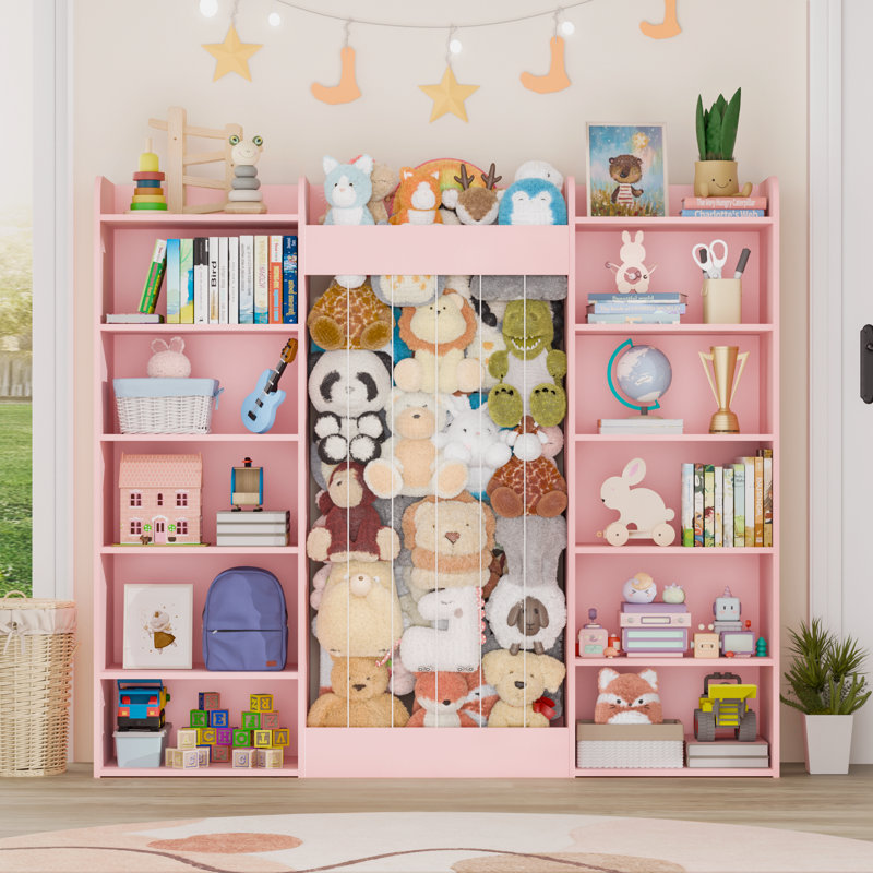 63"W Kids Bookshelf with Toy Storage,12 Open Storage Cabinet with Stuffed Animal Storage,Kids Book Storage for Playroom, Kids Room, Living Room(Pink)