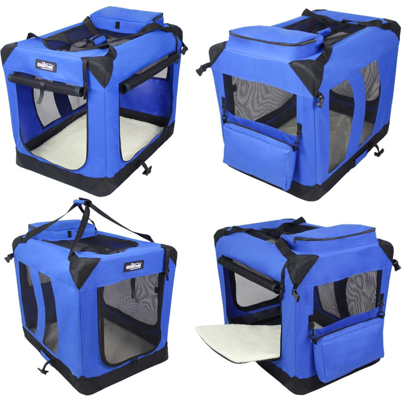Cage pour chien pliante à 3 portes avec sac de transport et lit molletonné, H 14 po x l 14 po x P 20 po, Bleu