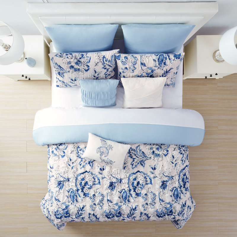  Blue/White Microfiber 8 Piece Comforter Set, King Comforter + 4 Shams + 3 Throw Pillows