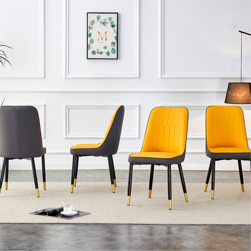 4 chaises de salle à manger contemporaines, cuir d'unité centrale jaune orange et gris foncé, pieds en métal, siège rembourré épais pour un repos confortable dans la cuisine, la chambre à coucher, le revêtement en cuir gris moderne à la mode,